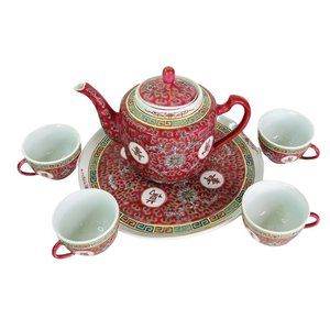 Vtg Chinese Famille Rose Porcelain Longevity Tea Set 6 Pc Jingdezhen Hand Paint